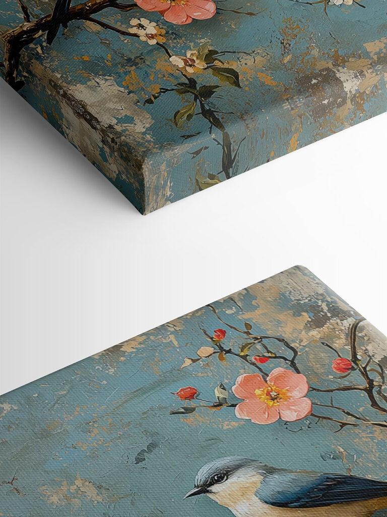 Group of birds on a branch with flowers