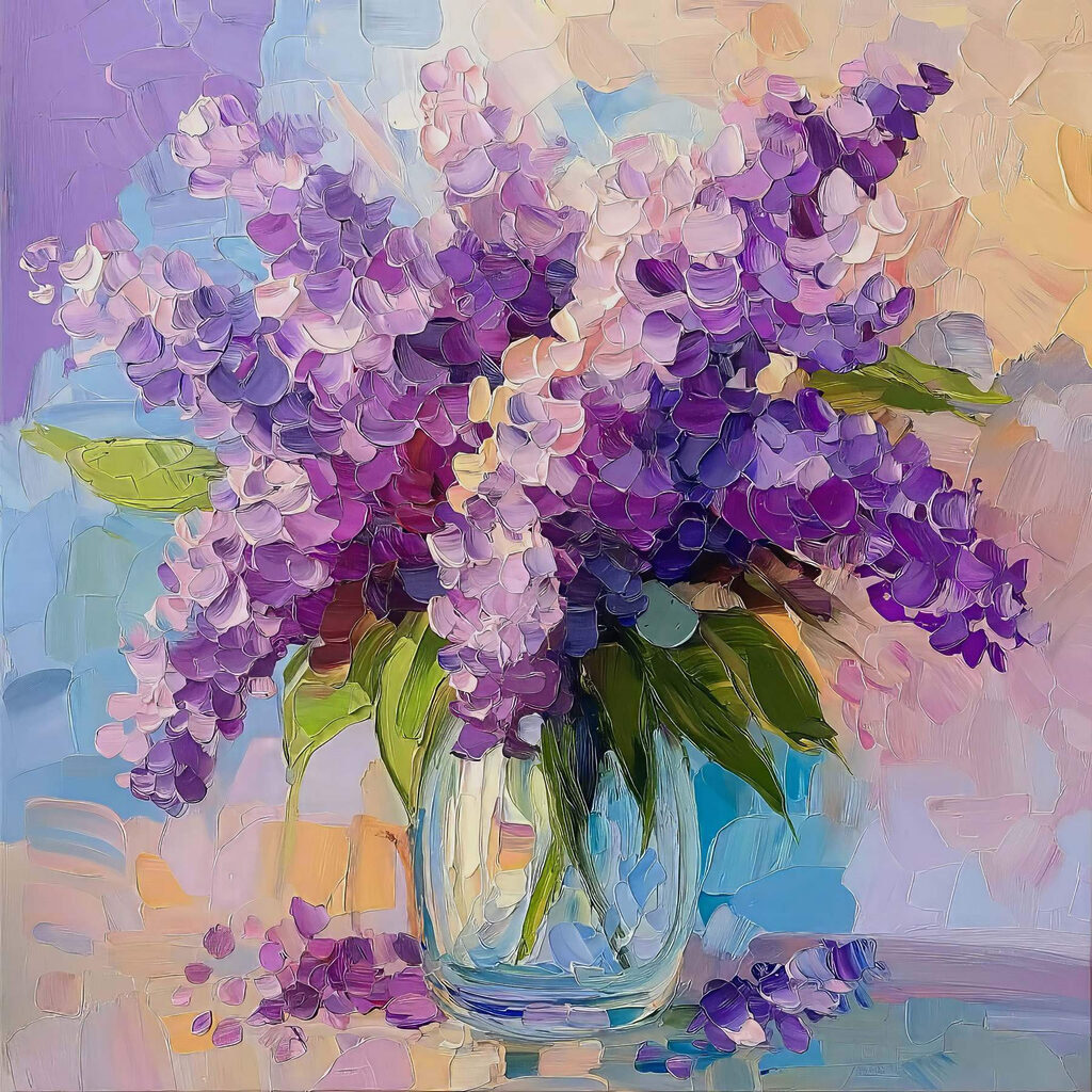 Painting of purple flowers in a glass vase