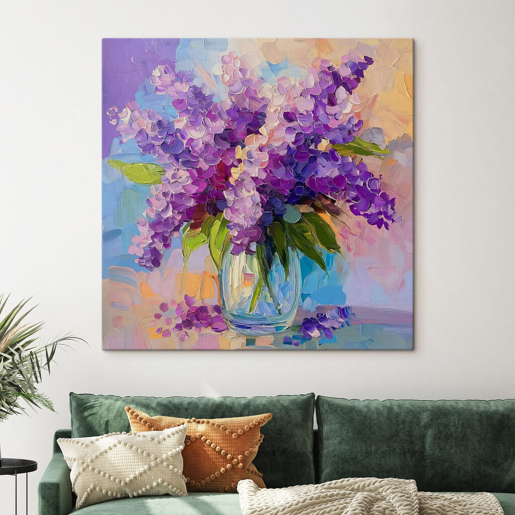 Painting of purple flowers in a glass vase