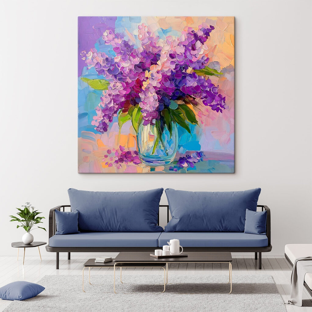 Painting of purple flowers in a glass vase