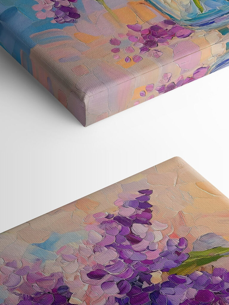 Painting of purple flowers in a glass vase