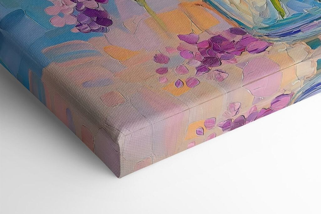 Painting of purple flowers in a glass vase