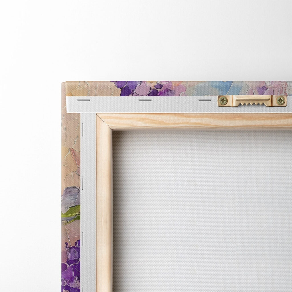 Painting of purple flowers in a glass vase