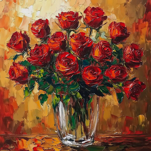 Gemälde eines Blumenstraußes aus roten Rosen Gemälde eines Blumenstraußes aus roten Rosen