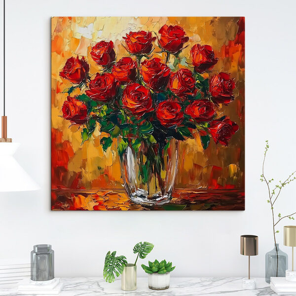 Gemälde eines Blumenstraußes aus roten Rosen Gemälde eines Blumenstraußes aus roten Rosen