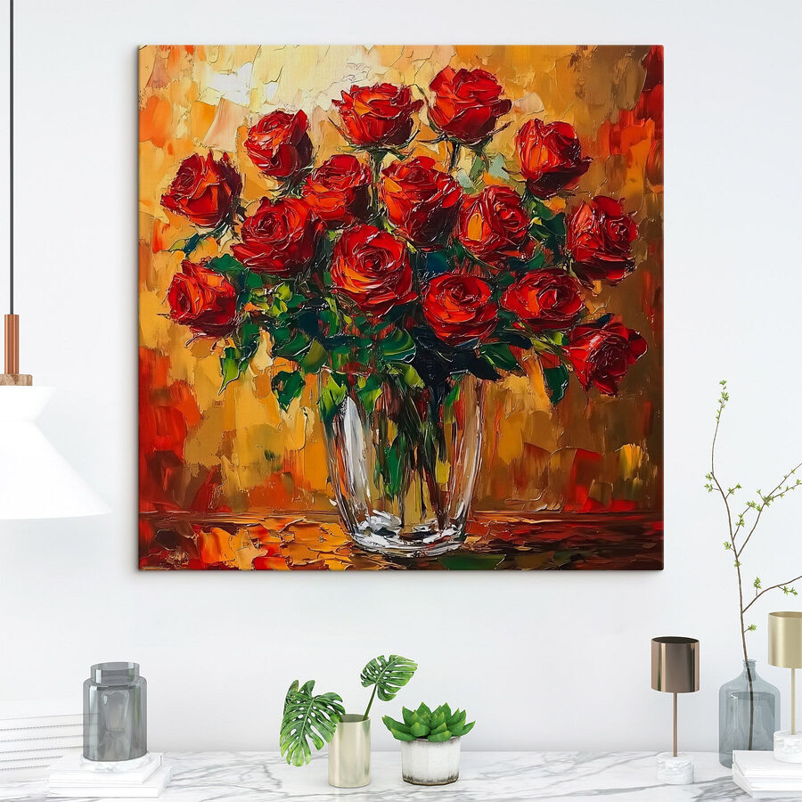 Gemälde eines Blumenstraußes aus roten Rosen Gemälde eines Blumenstraußes aus roten Rosen