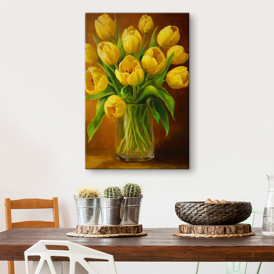 Gemälde von gelben Tulpen in einer Glasvase