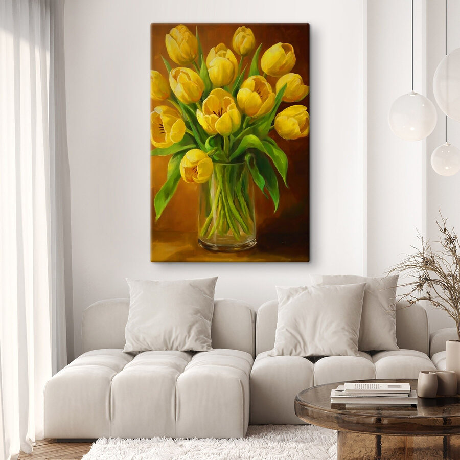 Gemälde von gelben Tulpen in einer Glasvase