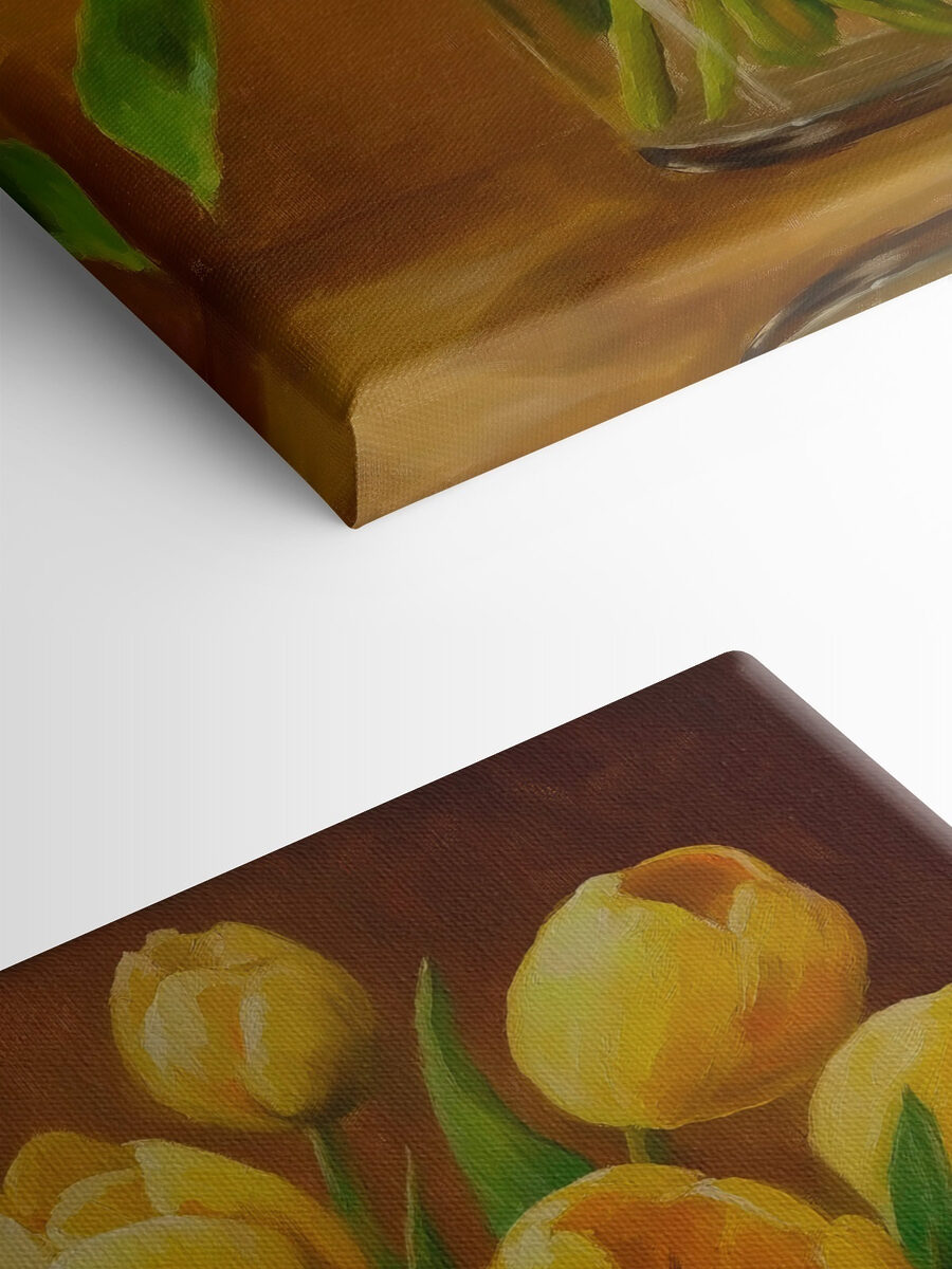 Gemälde von gelben Tulpen in einer Glasvase