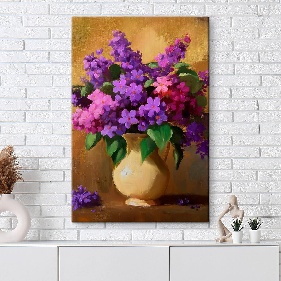 Gemälde von lila Blumen in einer Vase