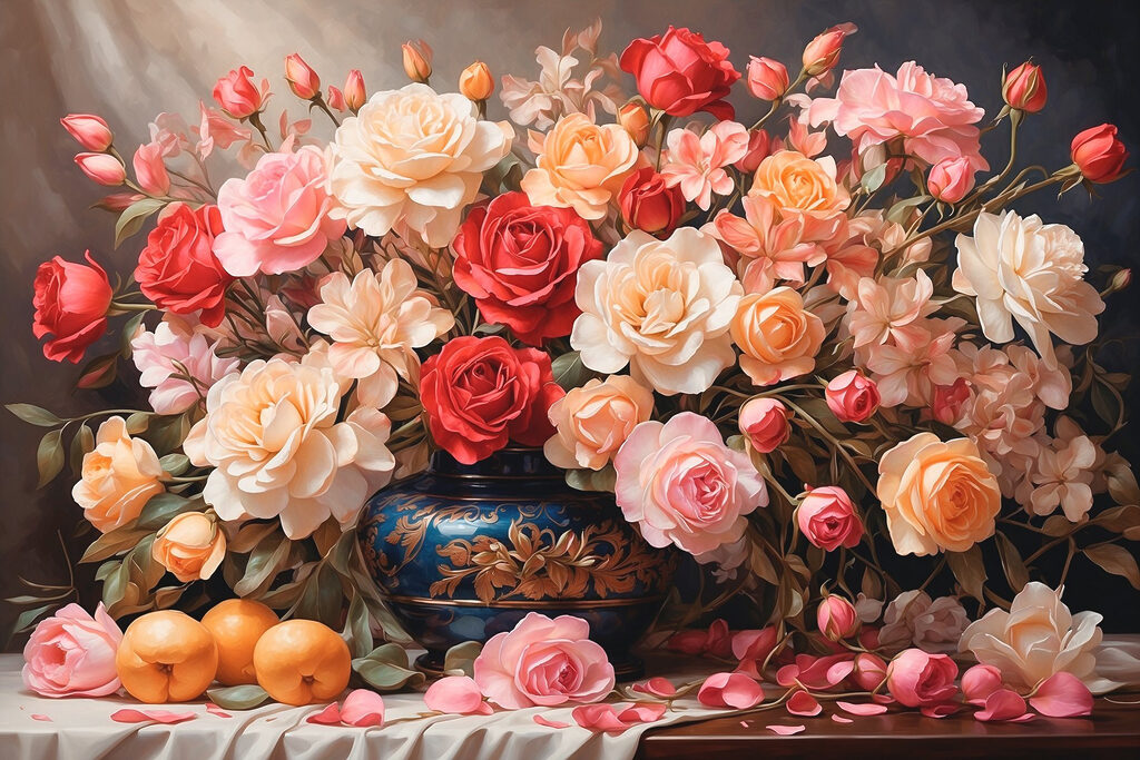 Vase of flowers and fruit