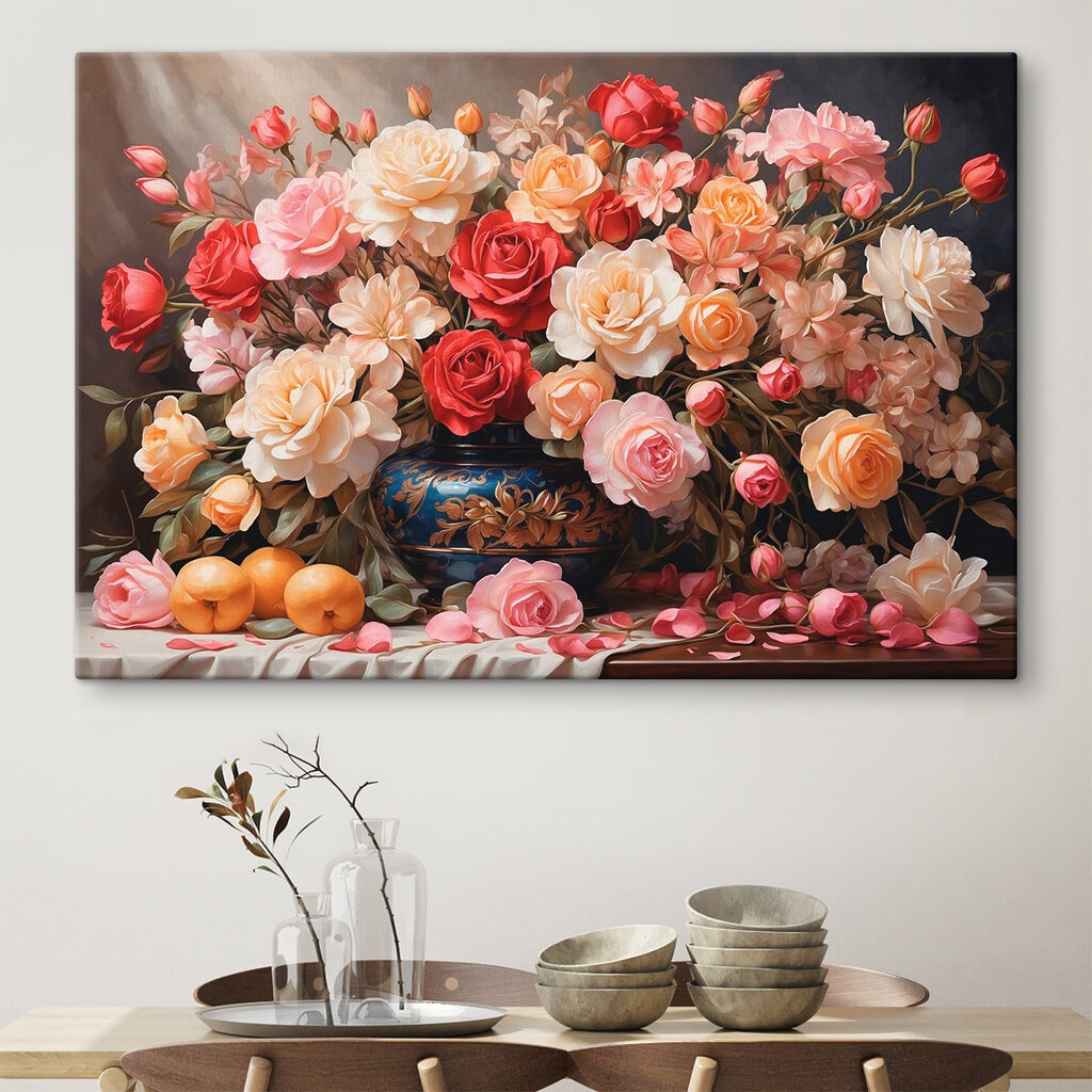 Vase of flowers and fruit