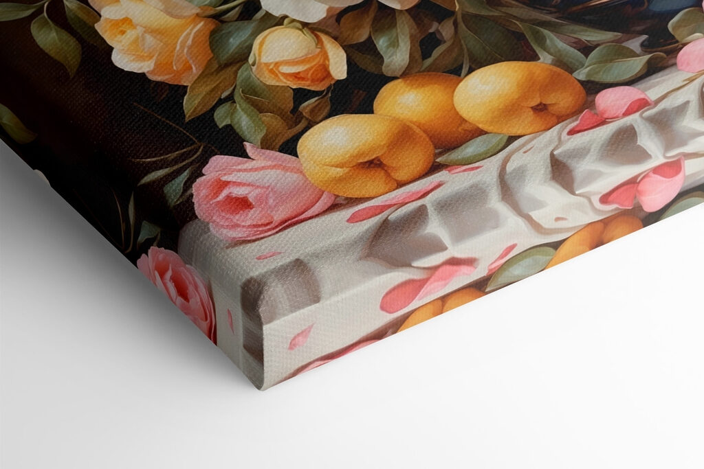 Vase of flowers and fruit