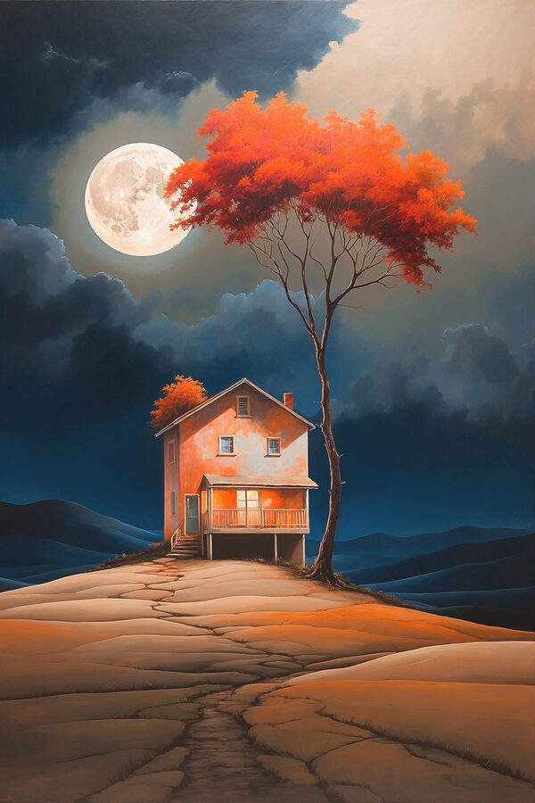 Gemälde eines Hauses mit einem Baum und einem Mond am Himmel Gemälde eines Hauses mit einem Baum und einem Mond am Himmel