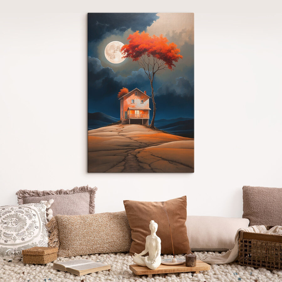 Gemälde eines Hauses mit einem Baum und einem Mond am Himmel