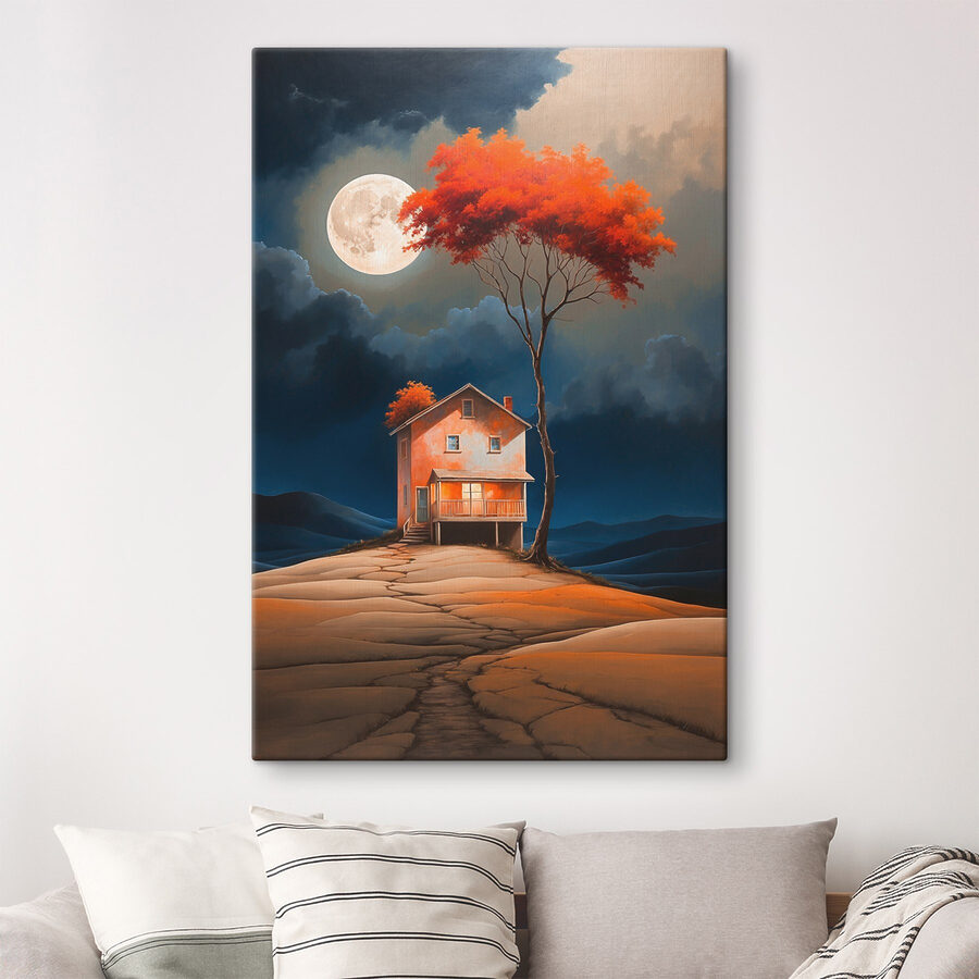 Gemälde eines Hauses mit einem Baum und einem Mond am Himmel