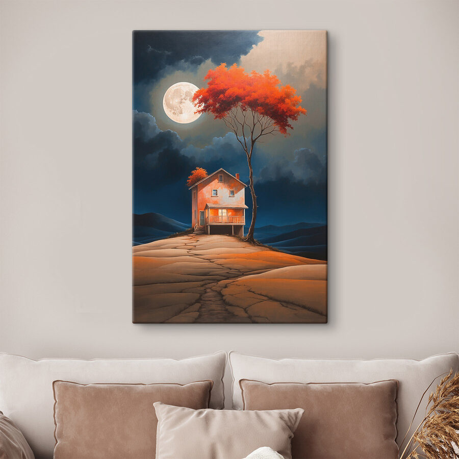 Gemälde eines Hauses mit einem Baum und einem Mond am Himmel