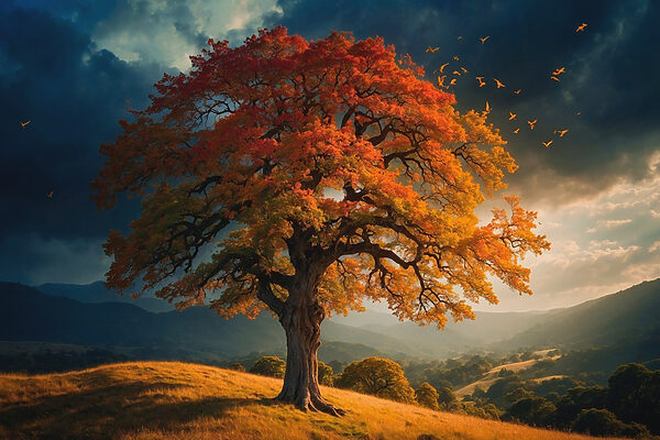 Baum mit orangefarbenen und gelben Blättern auf einem Hügel Baum mit orangefarbenen und gelben Blättern auf einem Hügel