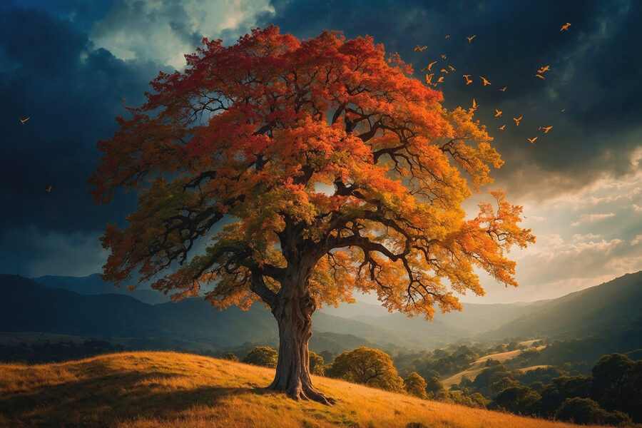 Baum mit orangefarbenen und gelben Blättern auf einem Hügel