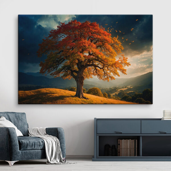 Baum mit orangefarbenen und gelben Blättern auf einem Hügel Baum mit orangefarbenen und gelben Blättern auf einem Hügel