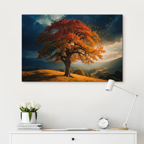 Baum mit orangefarbenen und gelben Blättern auf einem Hügel Baum mit orangefarbenen und gelben Blättern auf einem Hügel