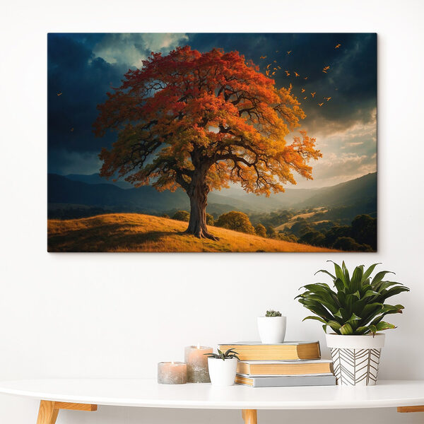 Baum mit orangefarbenen und gelben Blättern auf einem Hügel Baum mit orangefarbenen und gelben Blättern auf einem Hügel