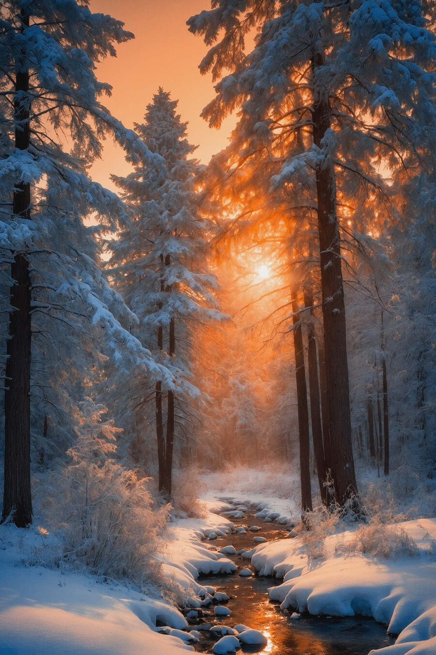 Verschneiter Wald mit Bäumen und einem Bach