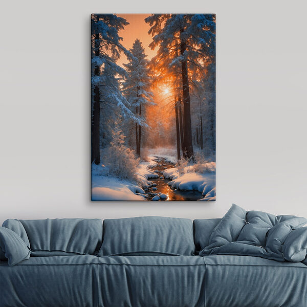 Verschneiter Wald mit Bäumen und einem Bach Verschneiter Wald mit Bäumen und einem Bach