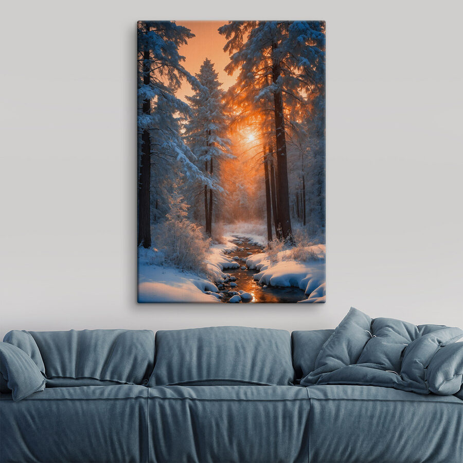 Verschneiter Wald mit Bäumen und einem Bach