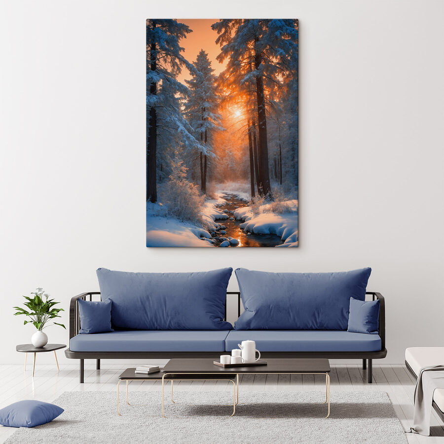Verschneiter Wald mit Bäumen und einem Bach