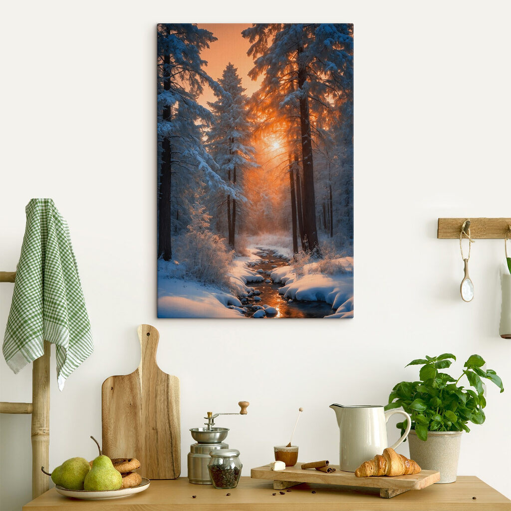 Snowy forest with trees and a stream