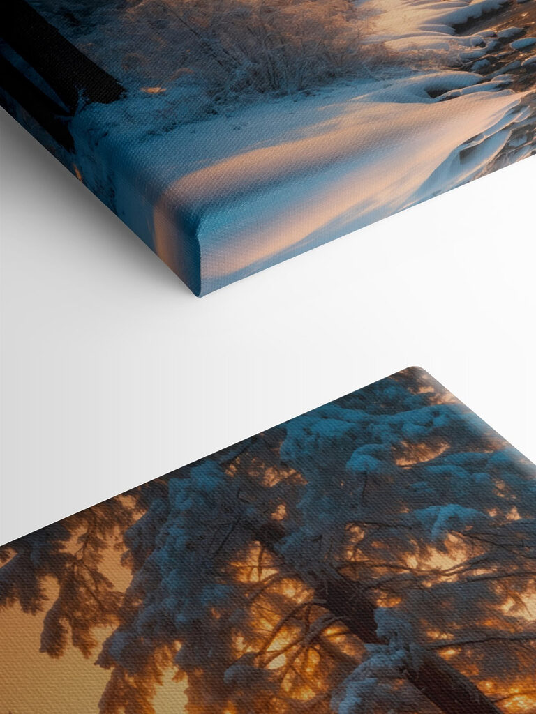Snowy forest with trees and a stream