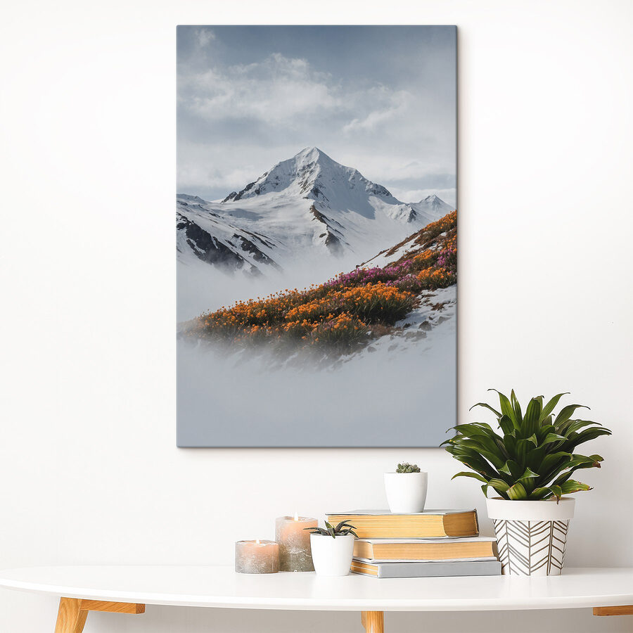 Berg mit Schnee und Blumen