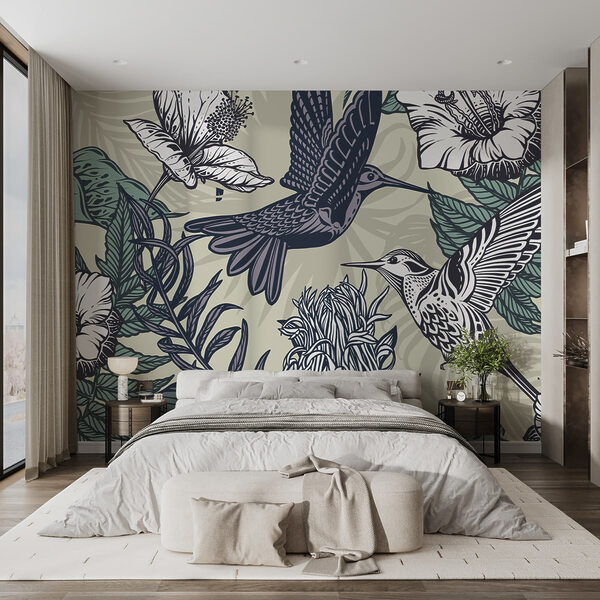 Vogel fliegt über Blumen Fototapeten Vogel fliegt über Blumen