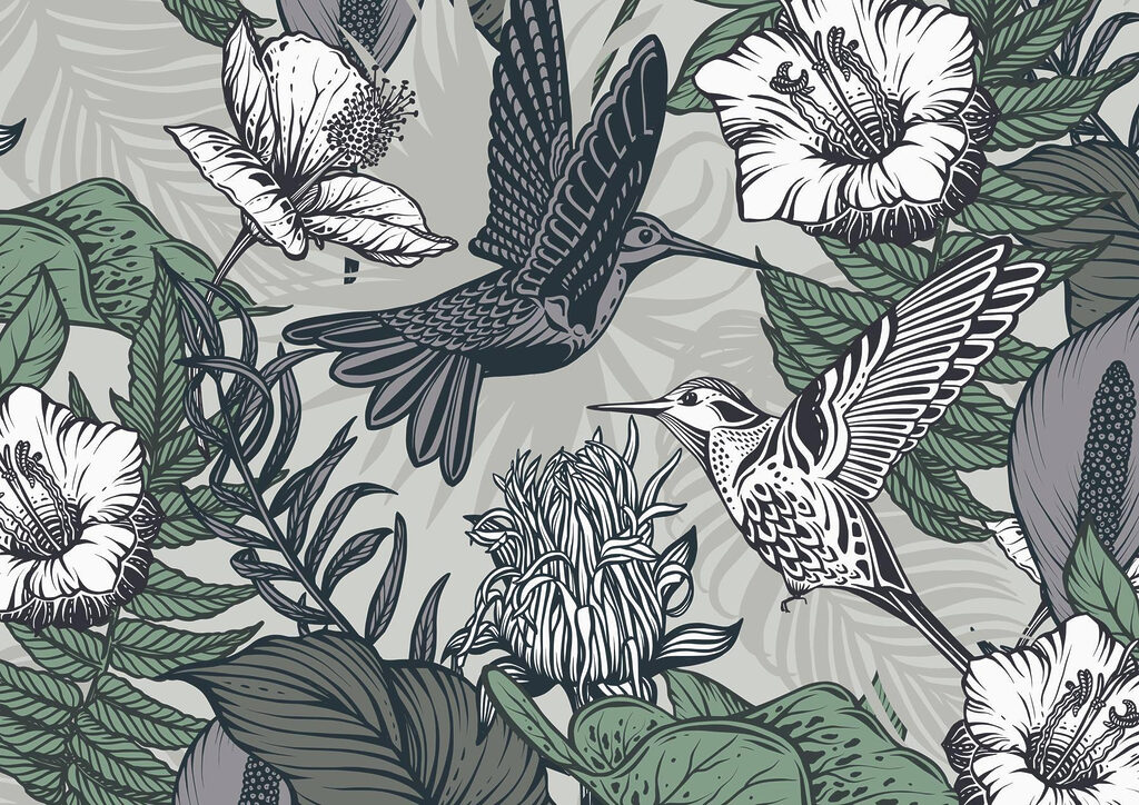 Vogel fliegt über Blumen Vogel fliegt über Blumen