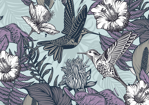 Bird flying next to flowers Bird flying next to flowers