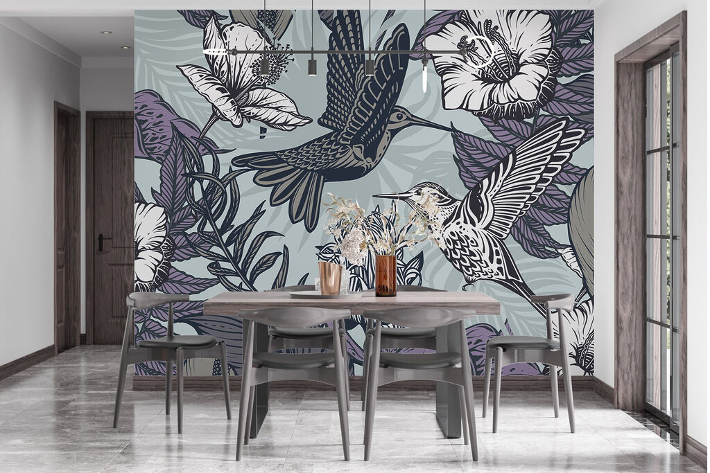 Bird flying next to flowers Bird flying next to flowers