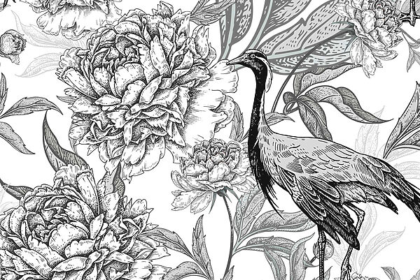 Vogel und Blumen auf einem weißen Hintergrund Vogel und Blumen auf einem weißen Hintergrund