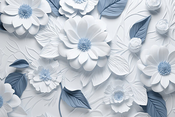 Weiße und blaue Blumen und Blätter Weiße und blaue Blumen und Blätter