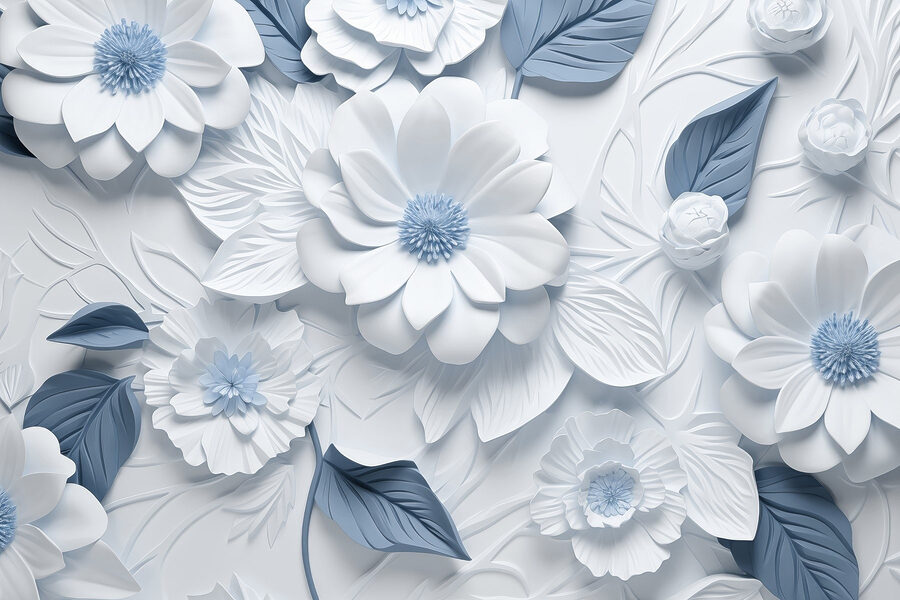 Weiße und blaue Blumen und Blätter