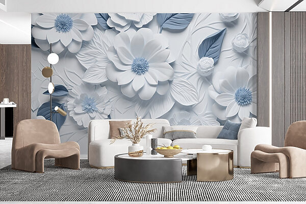 Weiße und blaue Blumen und Blätter Weiße und blaue Blumen und Blätter