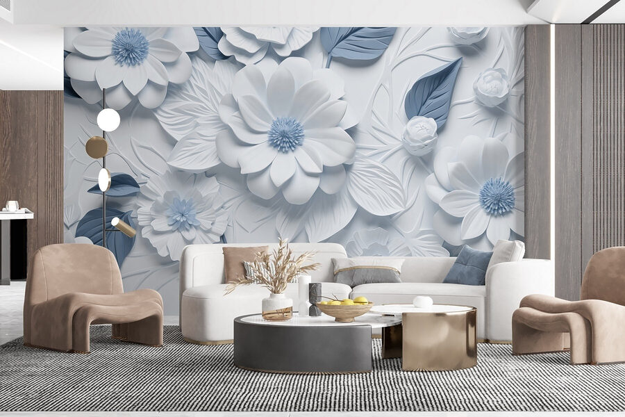 Weiße und blaue Blumen und Blätter