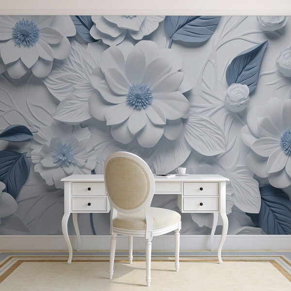 Weiße und blaue Blumen und Blätter Weiße und blaue Blumen und Blätter