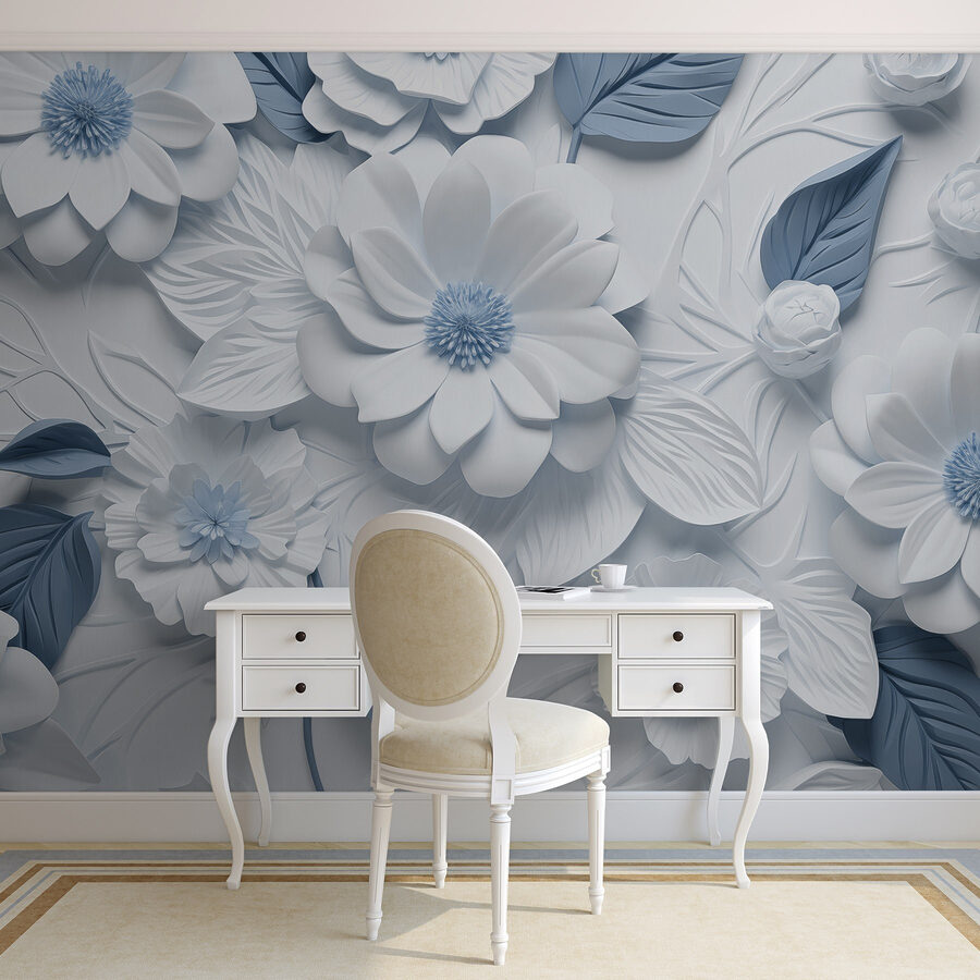 Weiße und blaue Blumen und Blätter