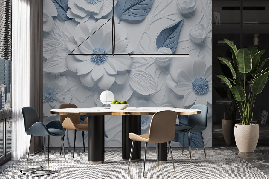 Weiße und blaue Blumen und Blätter