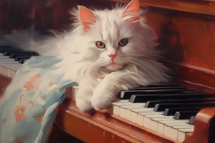 Katze auf einem Klavier liegend