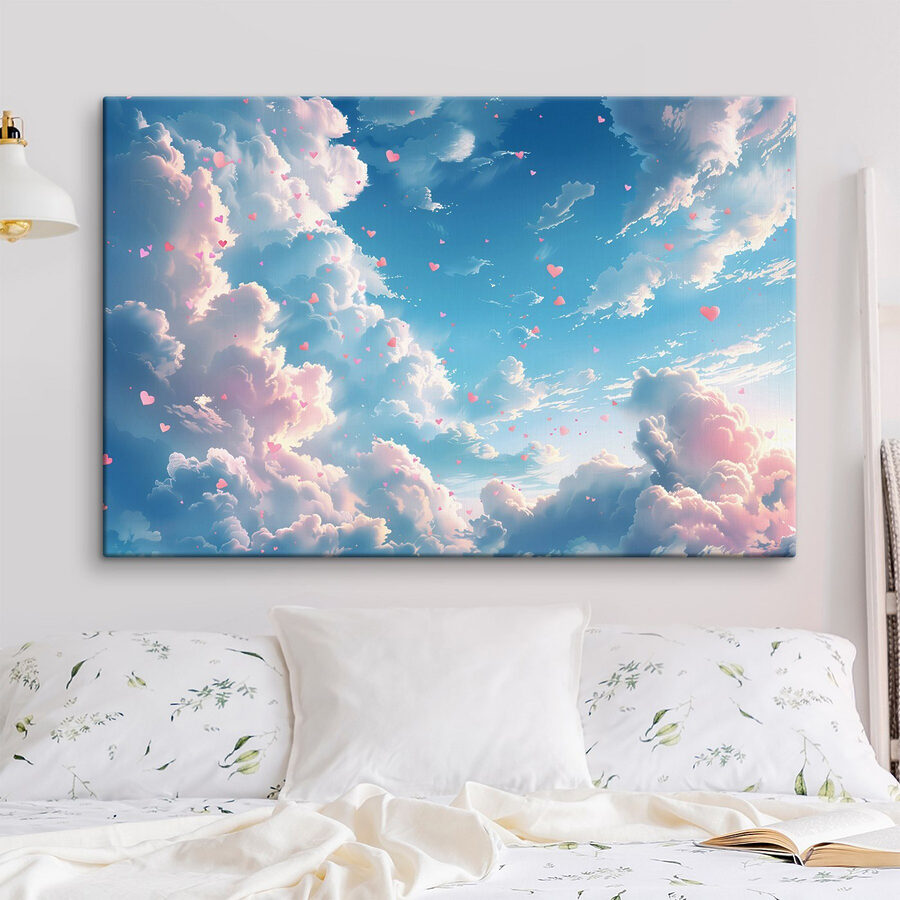 Wandbilder Blauer Himmel mit Wolken und rosa Herzen