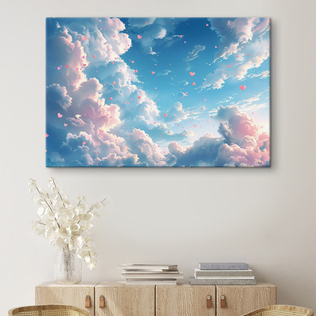 Blue sky with clouds and pink hearts