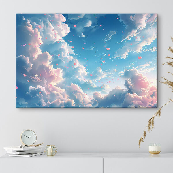 Blauer Himmel mit Wolken und rosa Herzen Blauer Himmel mit Wolken und rosa Herzen