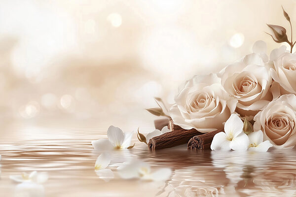 Gruppe von weißen Rosen und Zimtstangen in Wasser Gruppe von weißen Rosen und Zimtstangen in Wasser